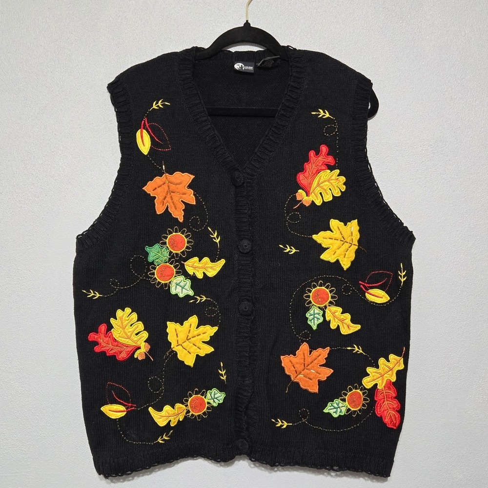 Holiday Editions Vintage Fall Embroidered Sweater Vest Black 2XL Autumn Leaf